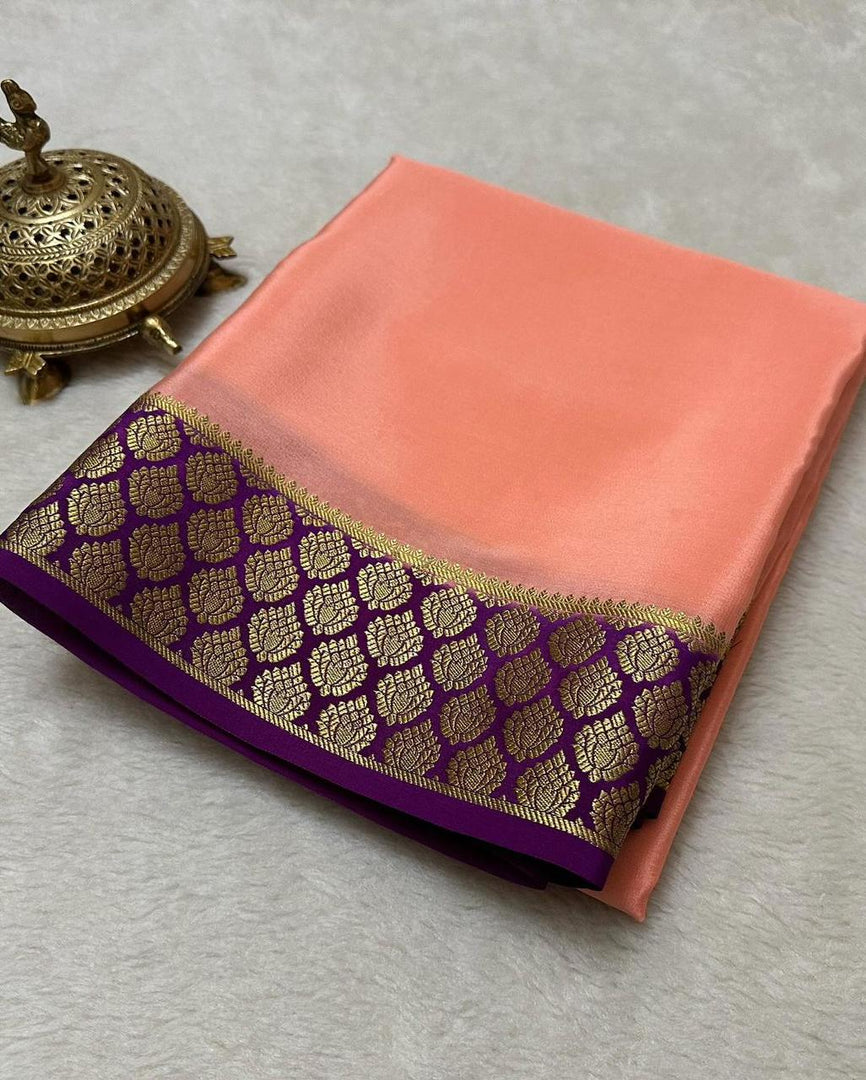 Exclusive Zari Border Peach Colour Plain Mysore Silk Saree.