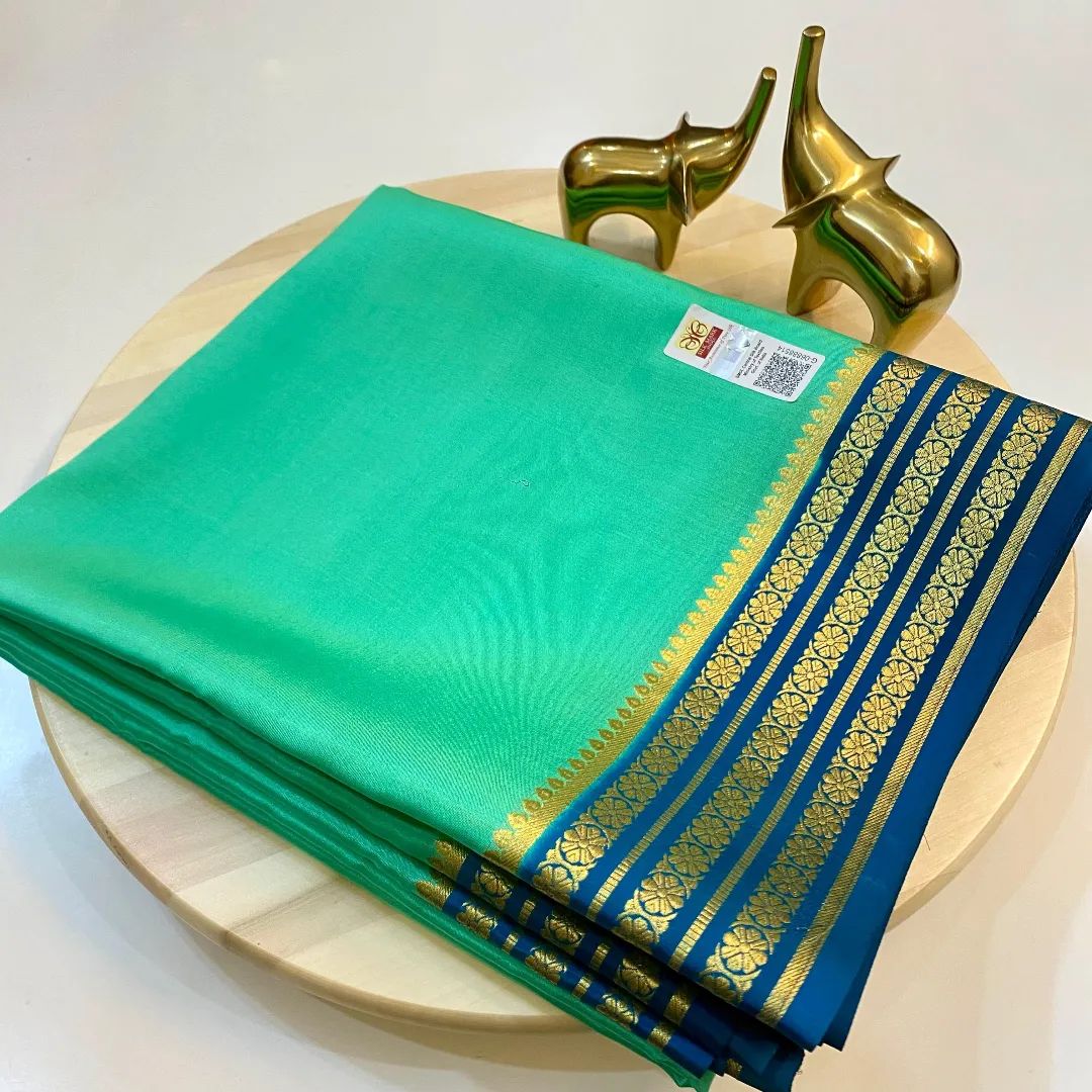 Exclusive Zari Border Sky Blue nd Green Colour Plain Mysore Silk Saree.