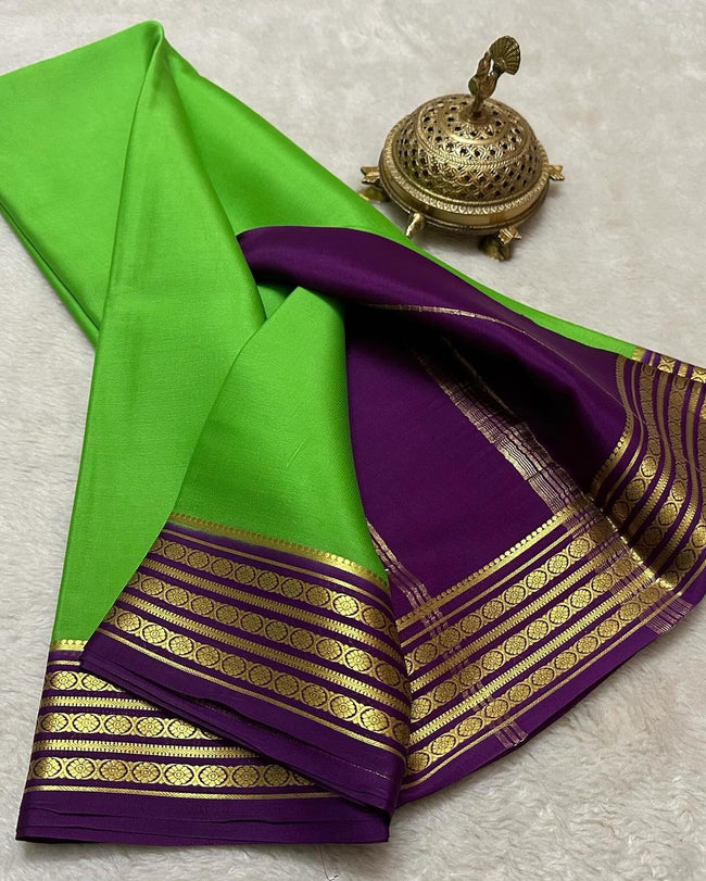 Exclusive Zari Border Green Colour Plain Mysore Silk Saree.