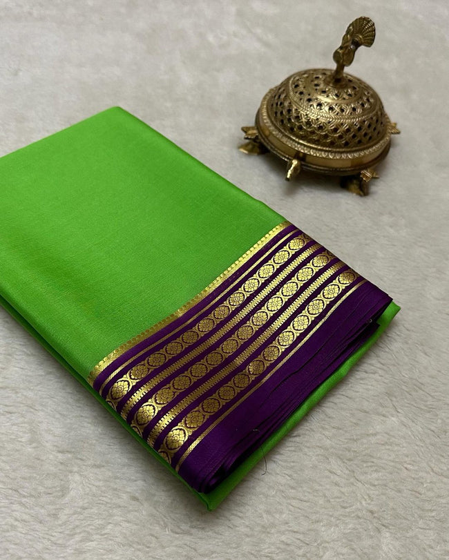 Exclusive Zari Border Green Colour Plain Mysore Silk Saree.
