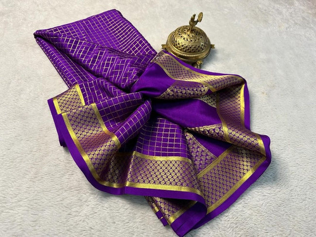 Purple Mysore Soft Crepe Silk Saree Attractive Plain Design With Zari Border