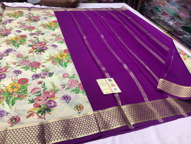 Exclusive pure crepe printed mysore silk sarees