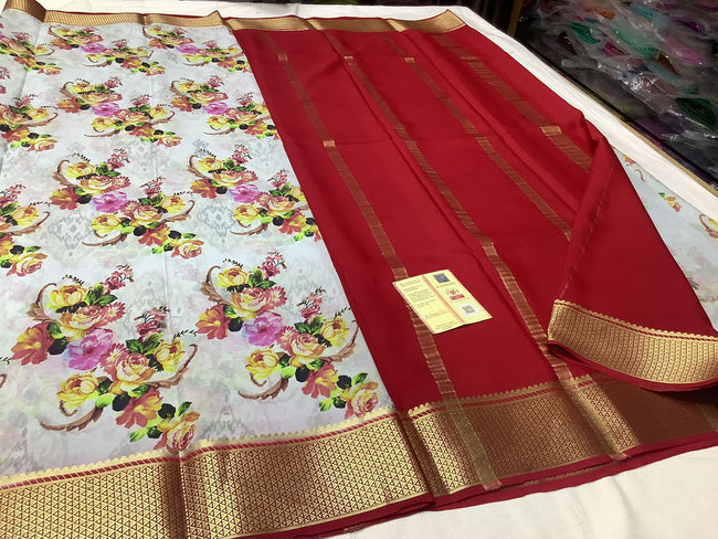 Exclusive pure crepe printed mysore silk sarees