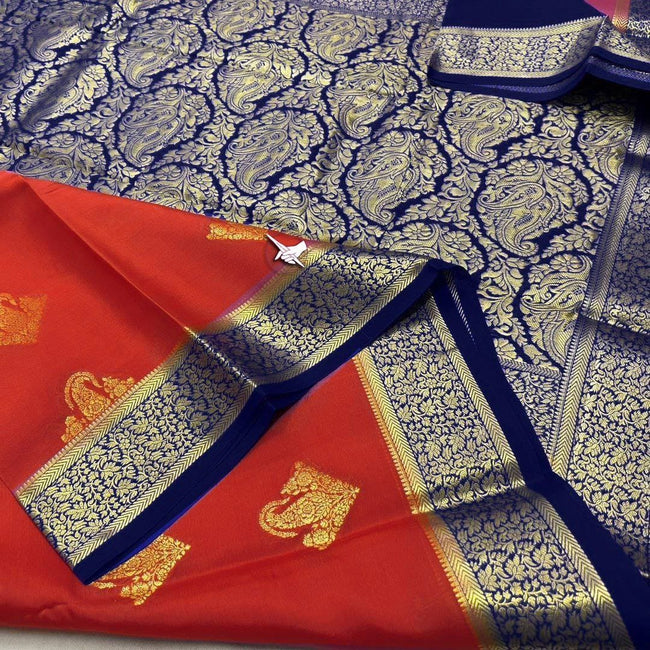Minimalist Blue And Peach Semi Tussar Saree Artistic Digital Print With Subtle Zari Border