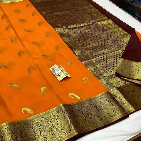 Graceful Orange Traditional Mysore Silk Saree Zari Edge Detailing