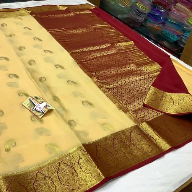 Premium Soft Silk Mysore Saree White And Bronze Heritage Zari Border Design