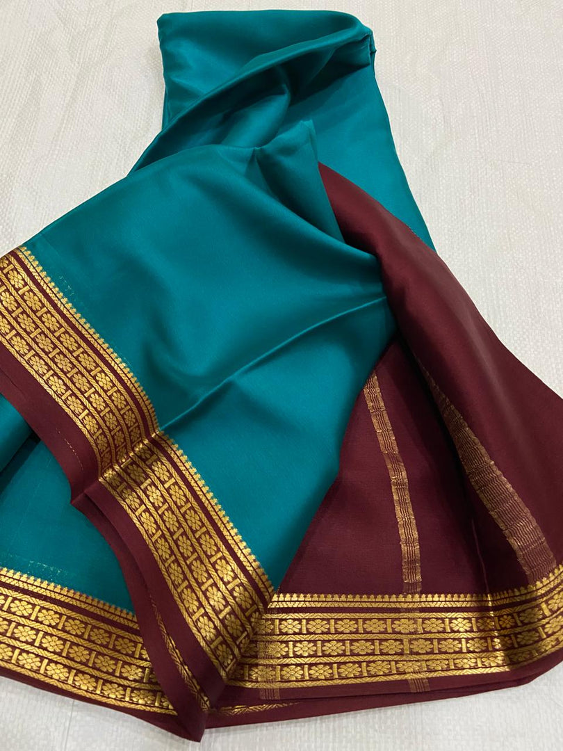 Authentic Blue And Maroon Mysore Semi Silk Saree With Intricate Zari Woven Work