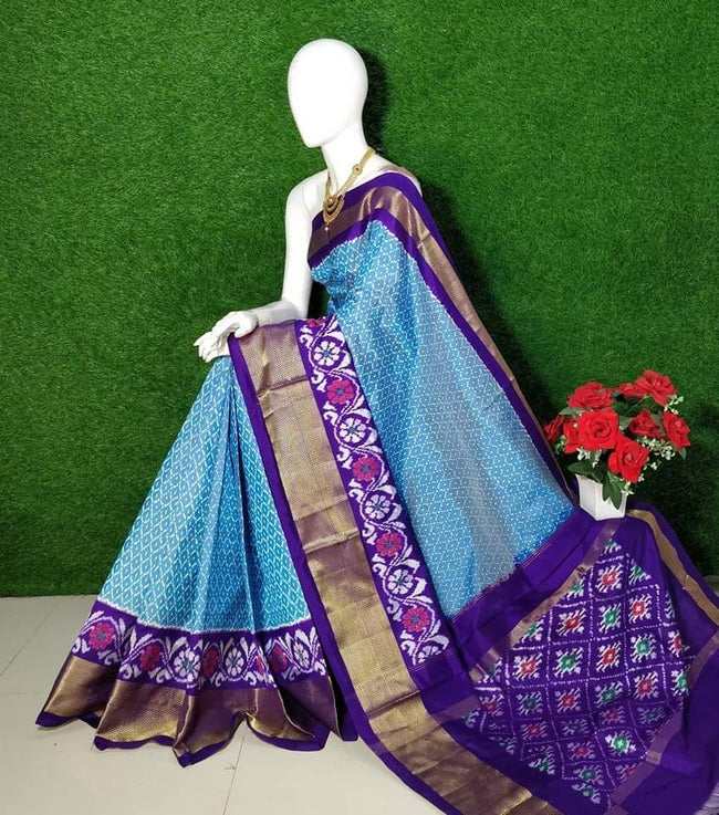 Classic Purple And Blue Pure Soft Silk Saree With Traditional Ikkat Pochampally Art And Fancy Touch