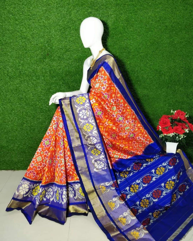 Majestic Orange And Navy Blue Pochampally Ikkat Printed Soft Silk Saree In Elegant Handloom Finish