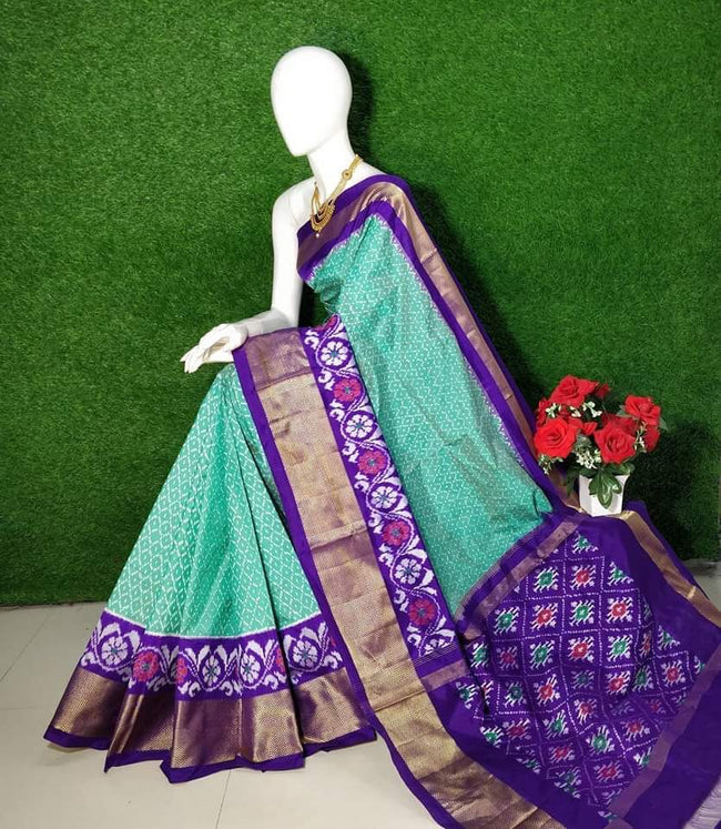 Graceful Purple And Light Green Ikkat Style Pochampally Printed Pure Soft Silk Handloom Saree