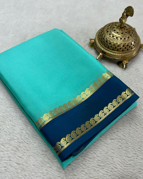 Alluring Light Green And Navy Blue Semi Mysore Soft Silk Saree With Elegant Drape