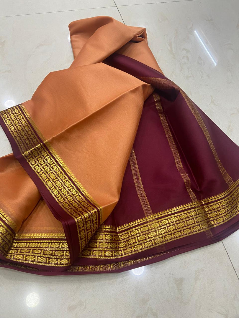 Chic Orange And Wine Semi Mysore Silk Saree With Soft Texture And Ethnic Appeal