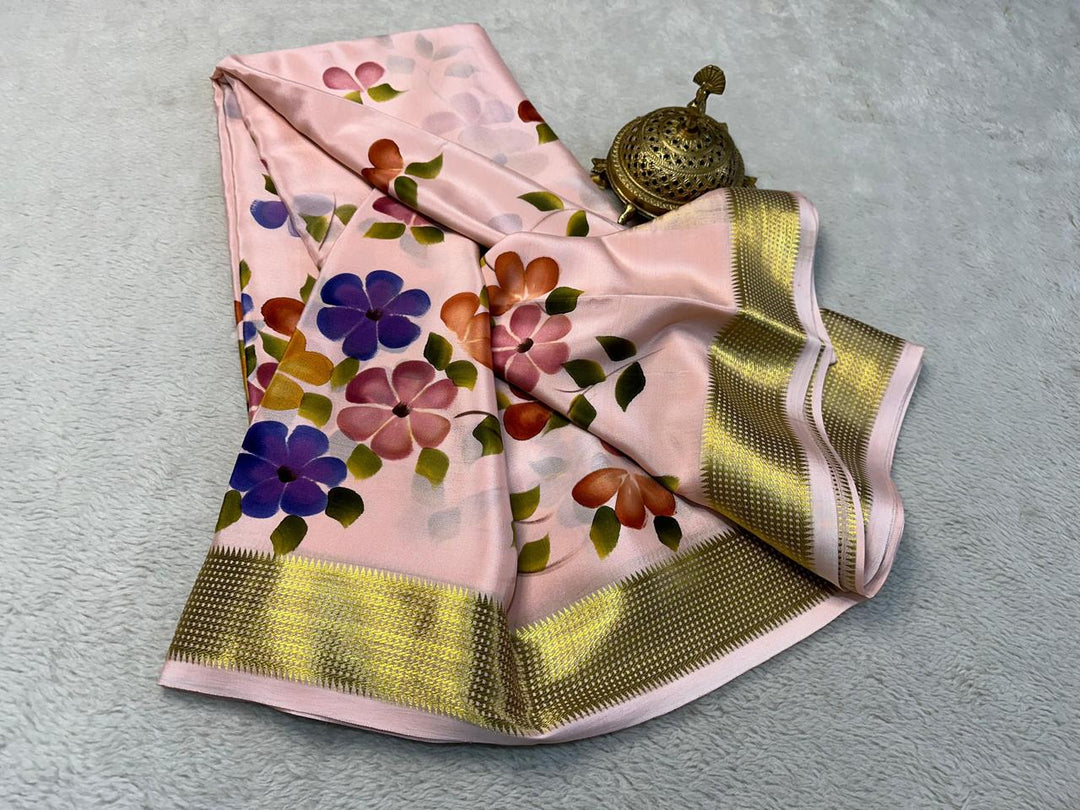 Chic Pink Zari Work Saree In Semi Mysore Soft Silk Fabric