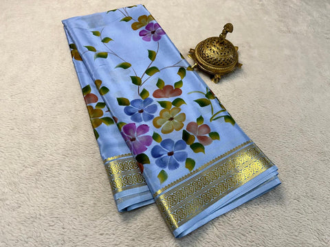 GORGEOUS Printed Mysore silk sarees in beautiful, kalamkari prints!