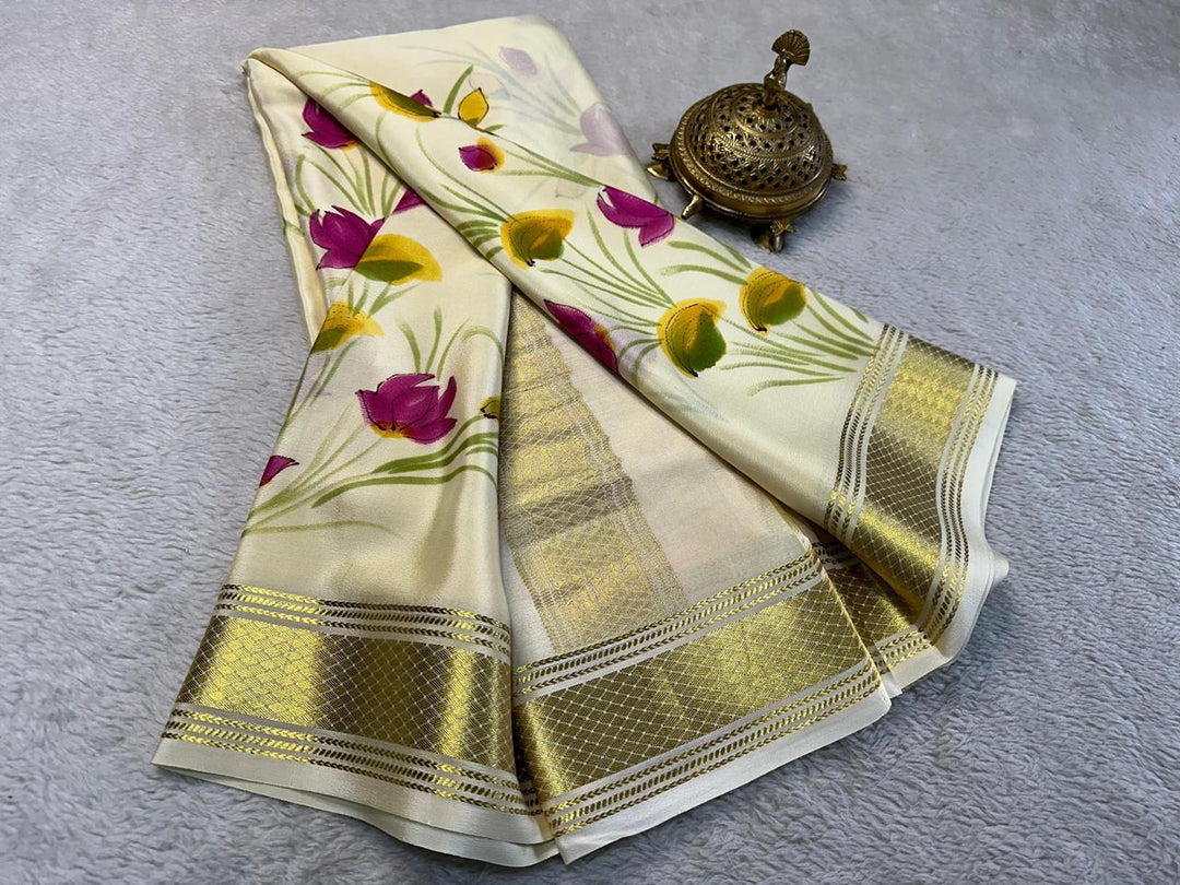 GORGEOUS Printed Mysore silk sarees in beautiful, kalamkari prints!