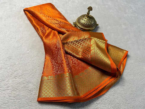 Traditional Pure Mysore Silk Saree Orange Brocade Elegance
