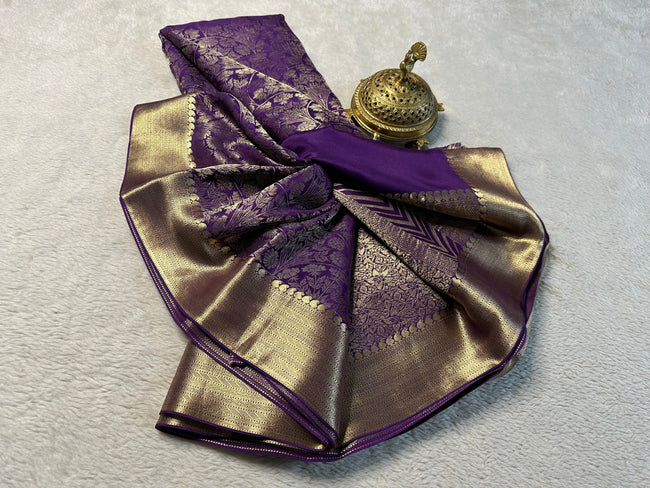 Graceful Purple Traditional Pure Mysore Silk Saree With Matching Unstitched Blouse