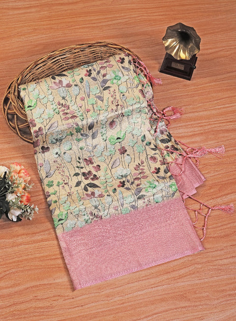 Kanchi Printed handloom Soft Silk Saree in baby pink colour