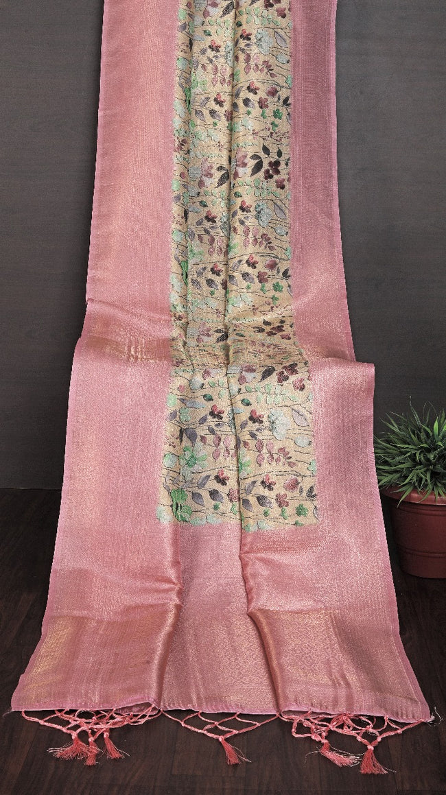 Kanchi Printed handloom Soft Silk Saree in baby pink colour