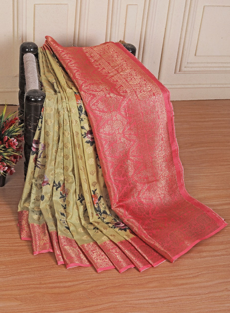 Cyan Color Crepe Georgette Fabric Digital Printed Saree With Fancy Blouse
