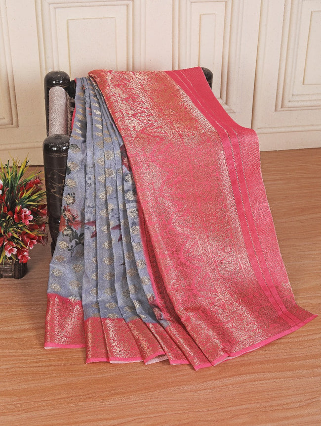 Splendiferous Grey Tussar Silk Handprinted Kanchi Pallu Silk Sarees With Blouse