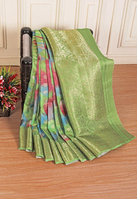 Sky Blue Digital Flower Print Crepe Georgette Fabric Casual Saree