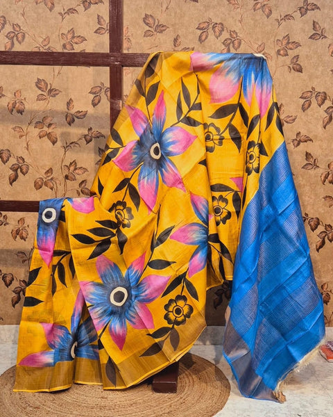 Contemporary Traditional Saree Yellw Printed Tussar Soft Silk