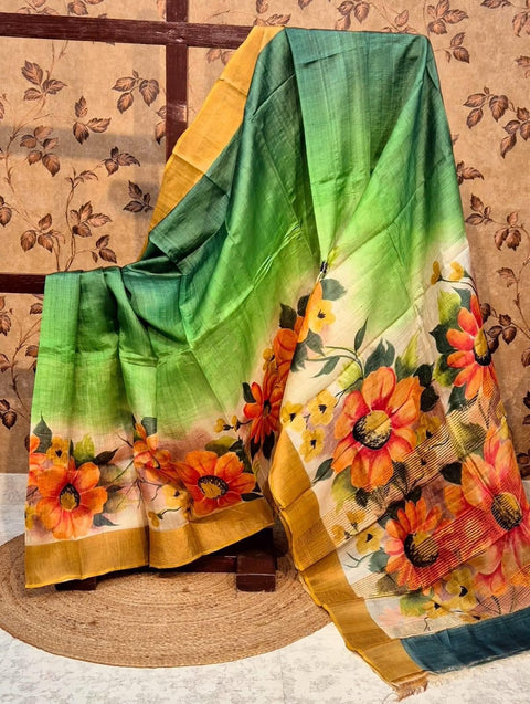 Festive Ready Green Traditional Tussar Silk Saree Soft Print Edition