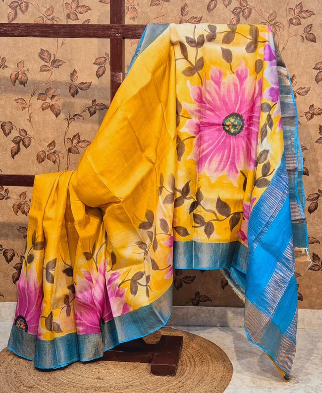 Refined Tellow Tussar Silk Saree Soft And Stylish With Printed Motifs