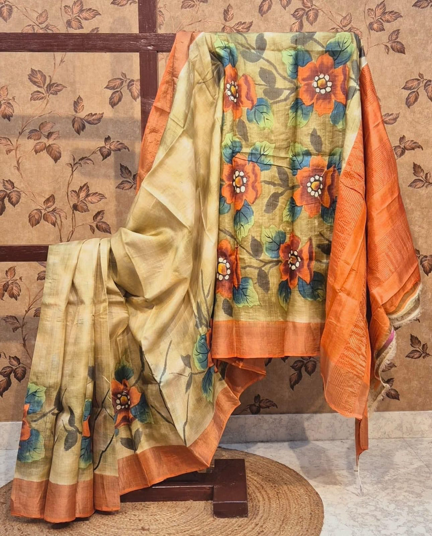 Cultural Touch Cream Tussar Silk Saree Elegant Printed Weave