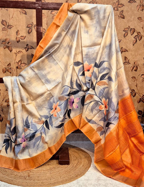 Vibrant Cream Printed Tussar Saree In Soft Traditional Silk