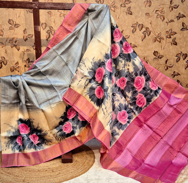 Designer Silver Tussar Silk Saree Printed Soft Traditional Style