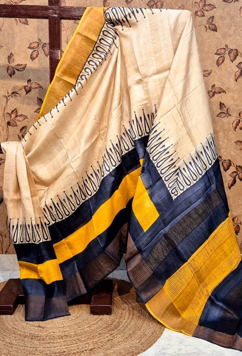 Authentic Gold Traditional Tussar Silk Saree Soft Feel And Prints