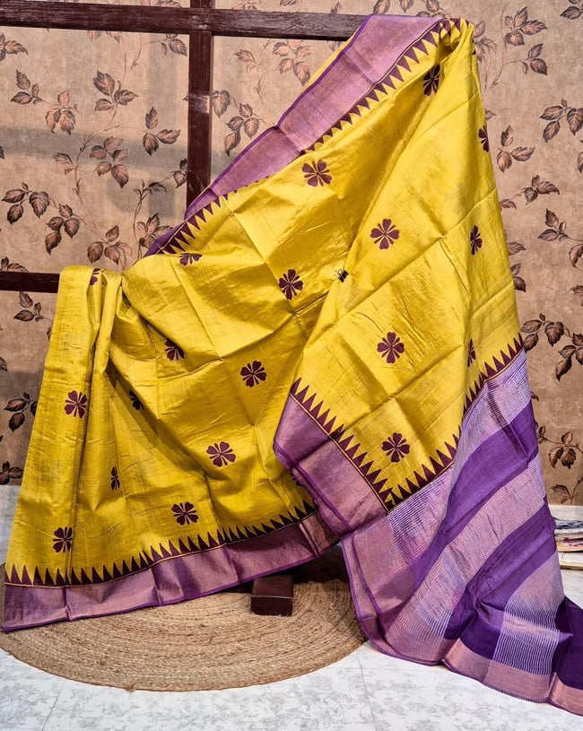 Chic Yellow Tussar Soft Silk Saree With Ethnic Print Patterns