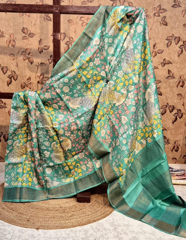 Classic Rama Printed Tussar Silk Saree Soft And Traditional Look
