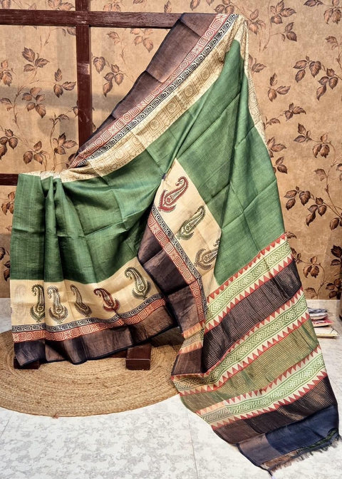 Elegant Dark Green Tussar Soft Silk Saree Traditional Printed Design