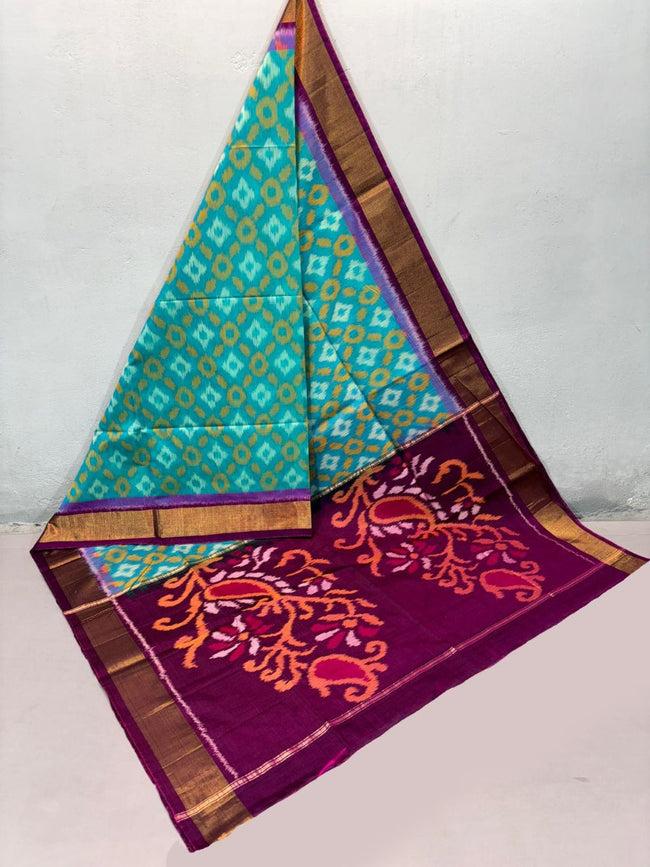 Premium Rama Saree Handloom Made With Striking Ikkat Print