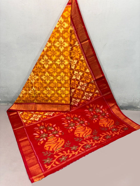 Chic And Traditional Orange Handloom Saree With Ikkat Digital Print