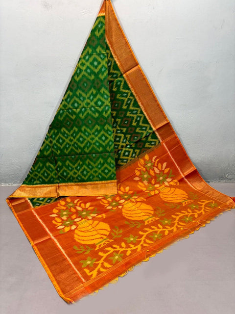 Handcrafted Ikkat Print Saree Green Silk For Elegant Occasions