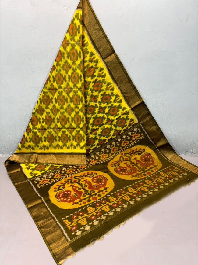 Cultural Charm Yellow Handloom Silk Saree Artistic Ikkat Print