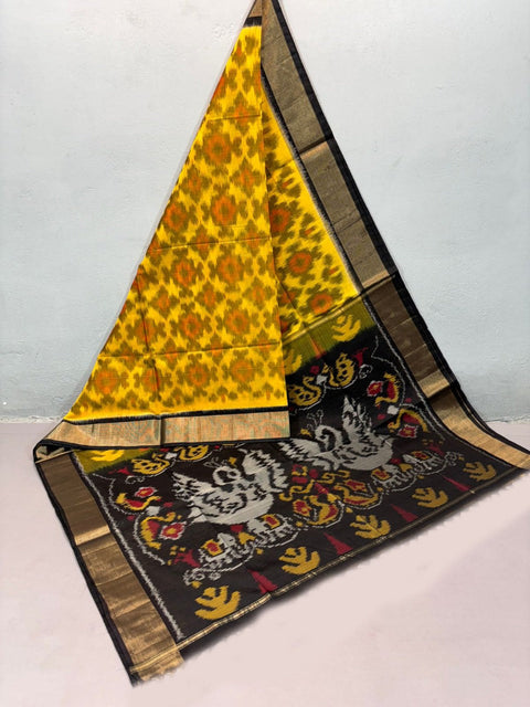 Royal Dark Yellow Ikkat Handloom Saree Pure Silk Traditional Attire