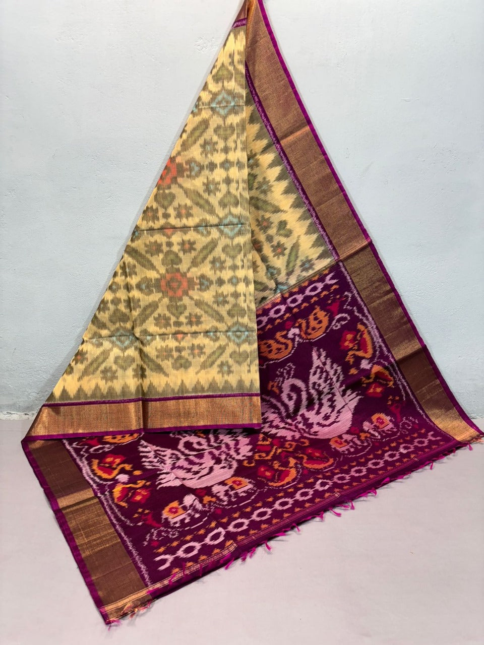 Elegant Yellow Handloom Silk Saree With Traditional Ikkat Prints