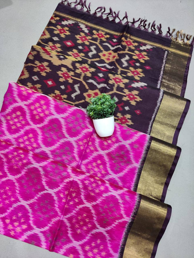 South Indian Style Dark Pink Handloom Saree Ikkat Printed Silk