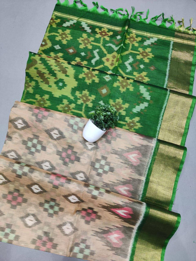 Cream Ikkat Pattern Saree Traditional Handloom Silk Elegance