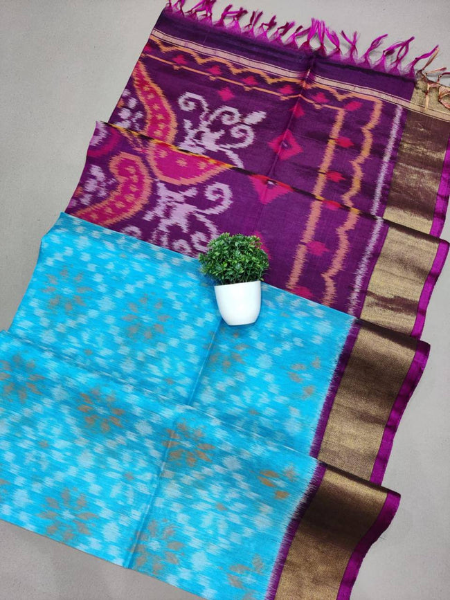 Lustrous Handloom Silk Saree Sky Blue With Modern Ikkat Touch