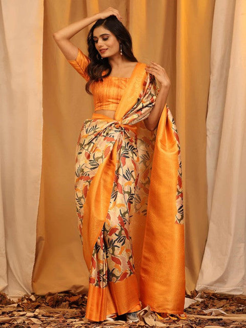Orange Digital Print Silk Saree With Stylish Blouse For Women