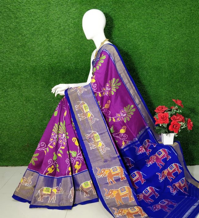 Purple South Indian Handloom Silk Saree With Ikkat Design