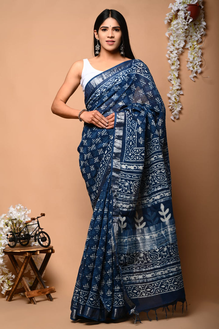 Daily Wear Printed Linen Saree Pure Fabric With Zari Touch