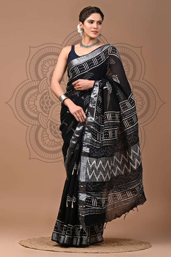 Pure Linen Printed Saree Soft Drape With Traditional Zari Border