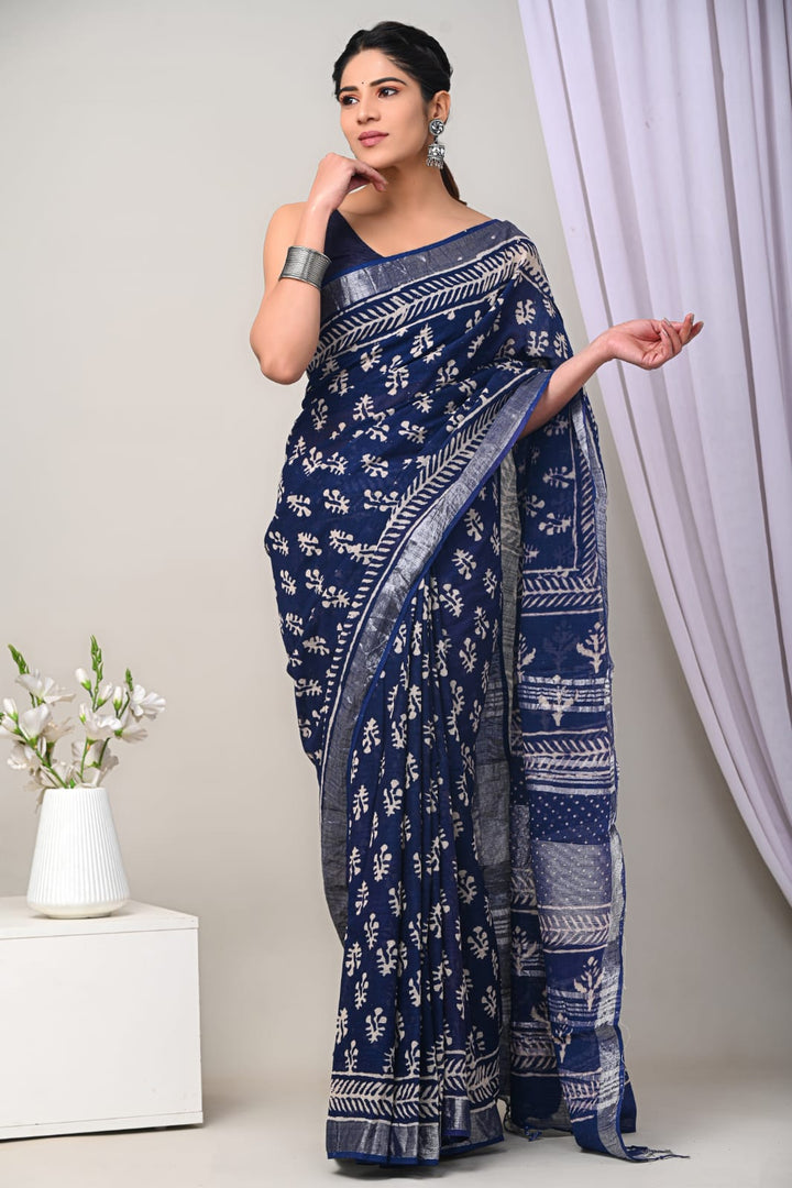 Minimalist Linen Saree Printed Look With Woven Zari Detailing
